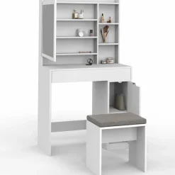 Coiffeuse blanche avec miroir LED et rangements*IDMarket Best