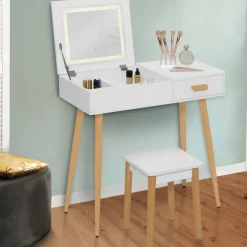 Coiffeuse blanche scandinave avec miroir LED rabattable et tabouret*IDMarket Online