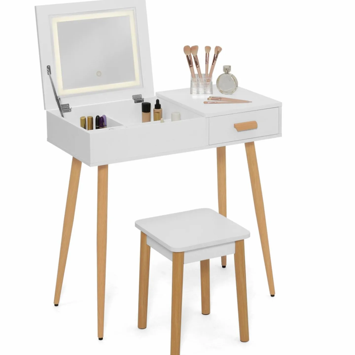 Coiffeuse blanche scandinave avec miroir LED rabattable et tabouret*IDMarket Online