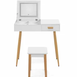 Coiffeuse blanche scandinave avec miroir LED rabattable et tabouret*IDMarket Online