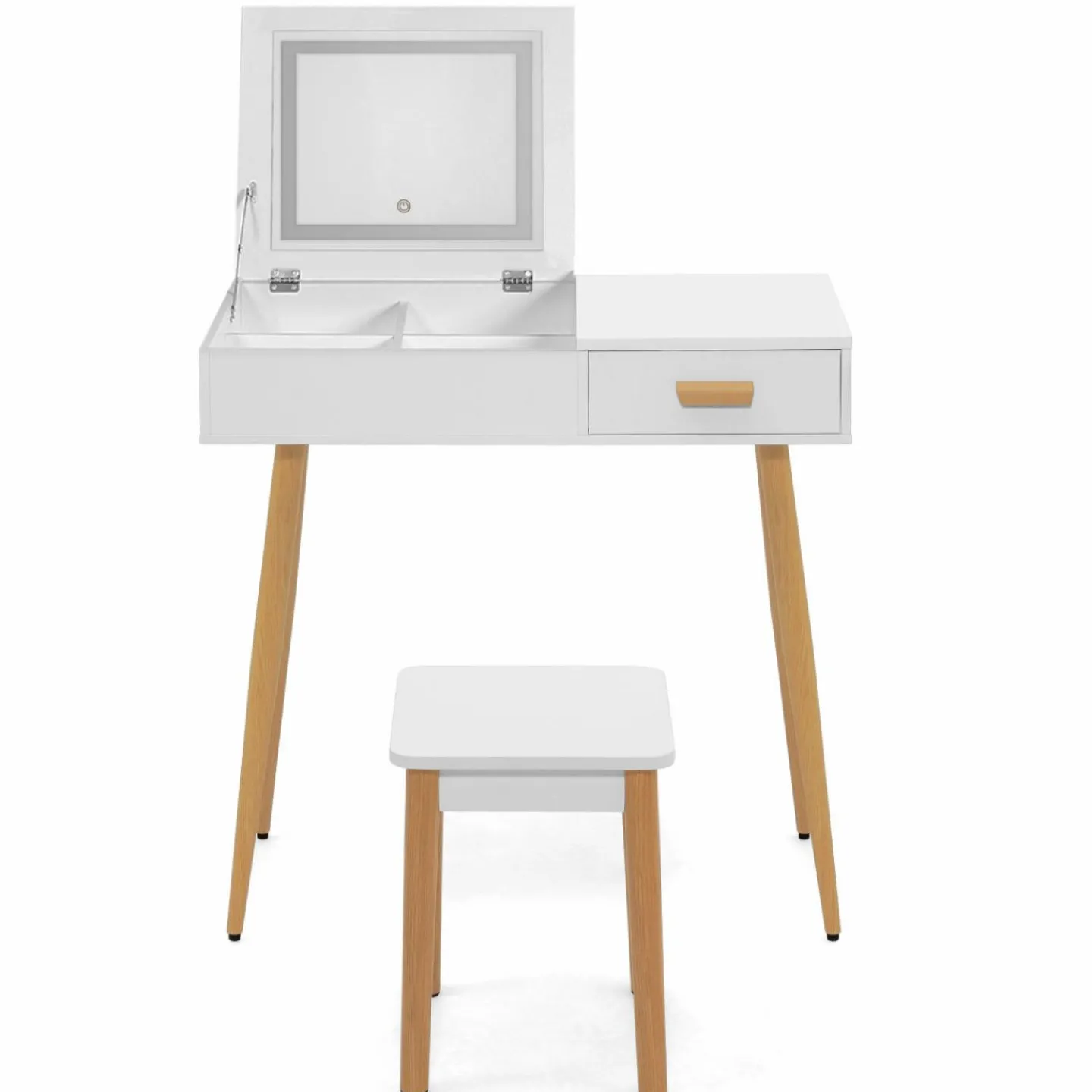 Coiffeuse blanche scandinave avec miroir LED rabattable et tabouret*IDMarket Online