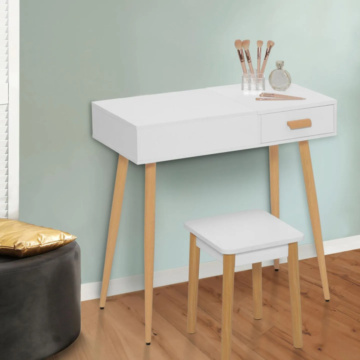 Coiffeuse blanche scandinave avec miroir LED rabattable et tabouret*IDMarket Online