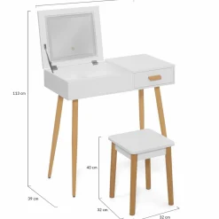 Coiffeuse blanche scandinave avec miroir LED rabattable et tabouret*IDMarket Online