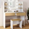 Coiffeuse bois et blanc avec miroir LED et tabouret*IDMarket Sale