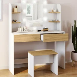 Coiffeuse bois et blanc avec miroir LED et tabouret*IDMarket Sale
