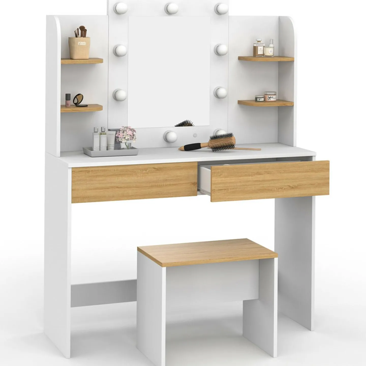 Coiffeuse bois et blanc avec miroir LED et tabouret*IDMarket Sale