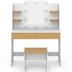 Coiffeuse bois et blanc avec miroir LED et tabouret*IDMarket Sale