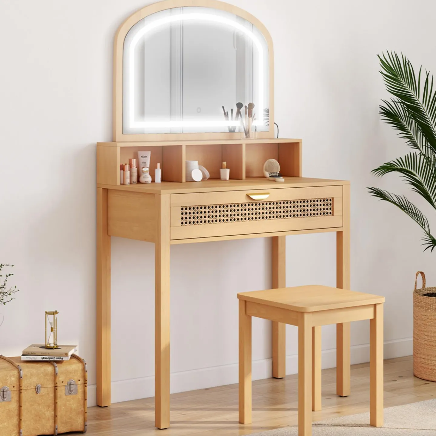 Coiffeuse bois et cannage avec miroir LED, niches, tiroir + tabouret*IDMarket Hot