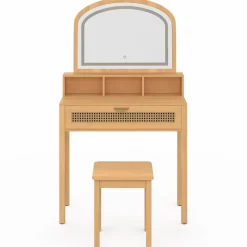 Coiffeuse bois et cannage avec miroir LED, niches, tiroir + tabouret*IDMarket Hot