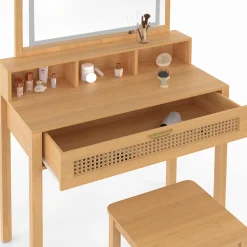 Coiffeuse bois et cannage avec miroir LED, niches, tiroir + tabouret*IDMarket Hot