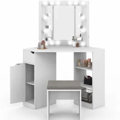 Coiffeuse d'angle blanche avec 3 miroirs LED, étagères, tiroir, rangements et tabouret*IDMarket