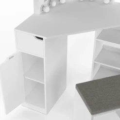 Coiffeuse d'angle blanche avec 3 miroirs LED, étagères, tiroir, rangements et tabouret*IDMarket