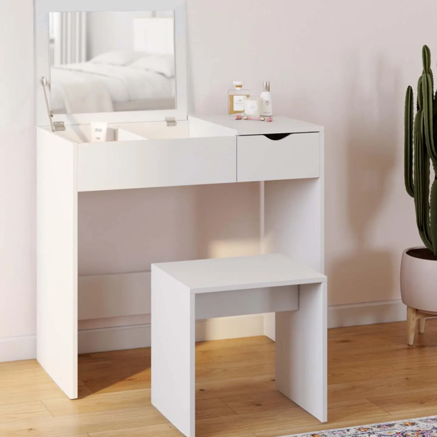 Coiffeuse miroir rabattable blanche 2 tiroirs et tabouret*IDMarket New