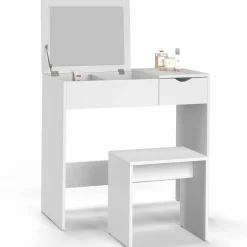 Coiffeuse miroir rabattable blanche 2 tiroirs et tabouret*IDMarket New