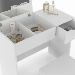 Coiffeuse miroir rabattable blanche 2 tiroirs et tabouret*IDMarket New