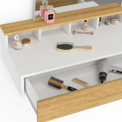 Coiffeuse suspendue miroir LED avec 4 niches, 1 tiroir bois et blanc*IDMarket New