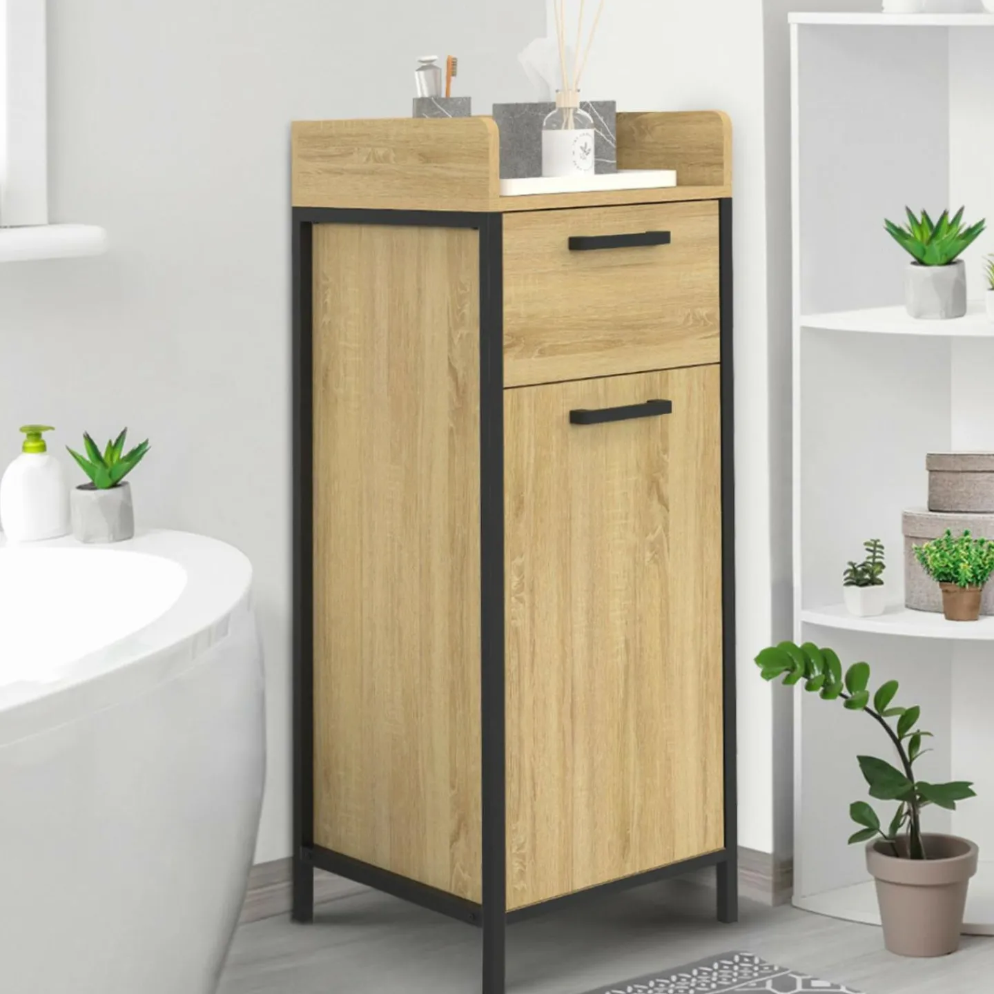 Colonne de rangement d'appoint salle de bain design industriel 1 tiroir 1 placard*IDMarket Best