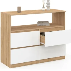 Commode 100 cm 4 tiroirs avec niche façon hêtre et blanc*IDMarket Sale