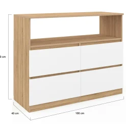 Commode 100 cm 4 tiroirs avec niche façon hêtre et blanc*IDMarket Sale
