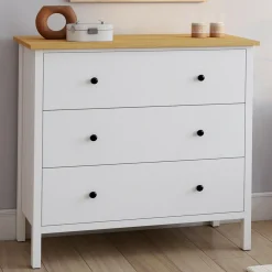 Commode 80 cm 3 tiroirs bois blanc plateau bois*IDMarket Hot