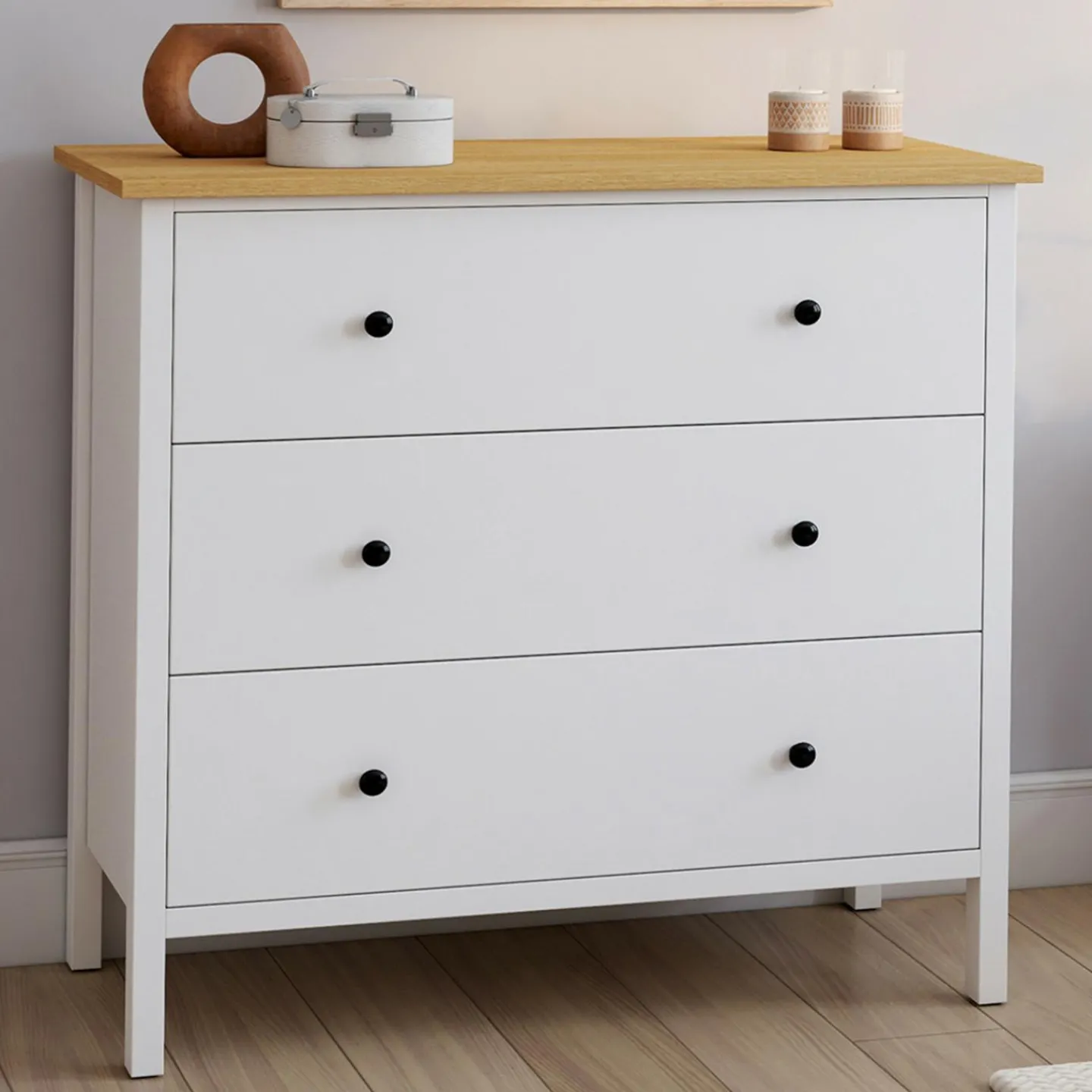 Commode 80 cm 3 tiroirs bois blanc plateau bois*IDMarket Hot