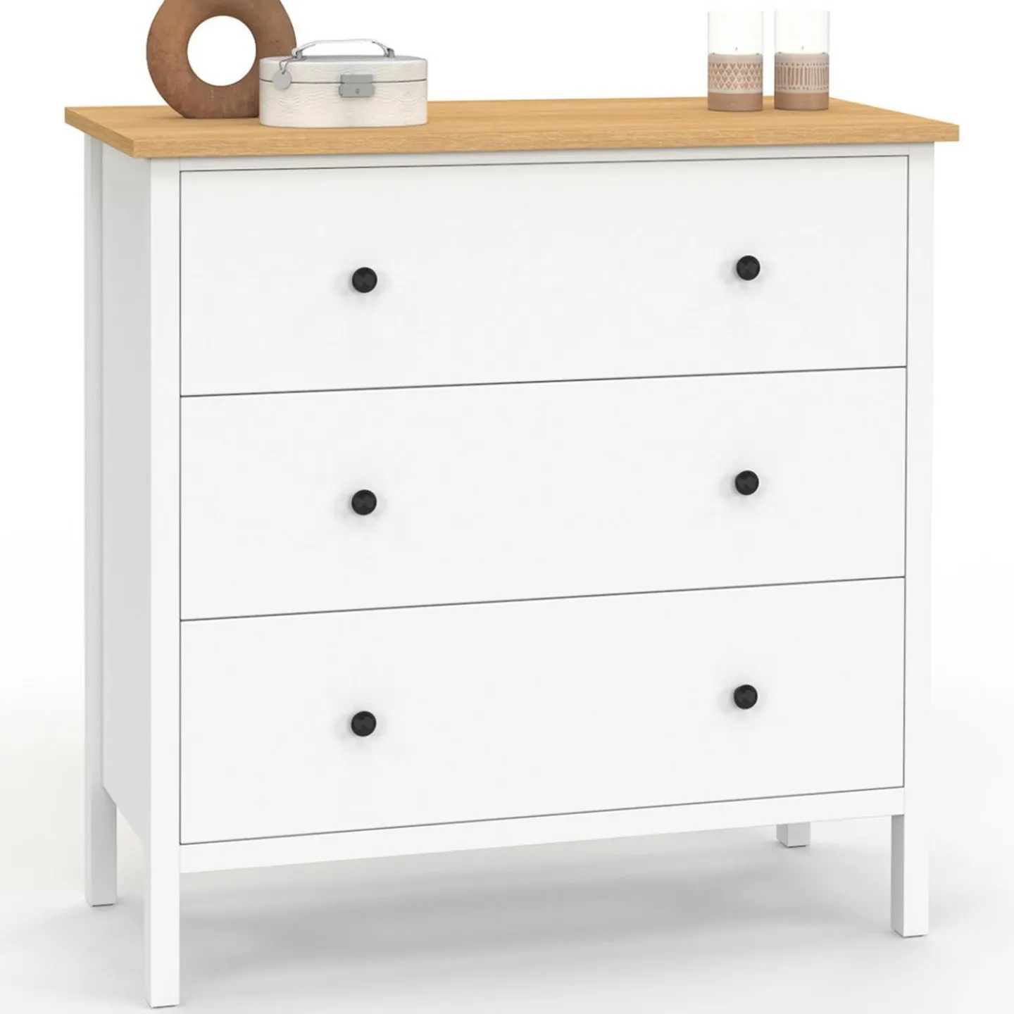 Commode 80 cm 3 tiroirs bois blanc plateau bois*IDMarket Hot