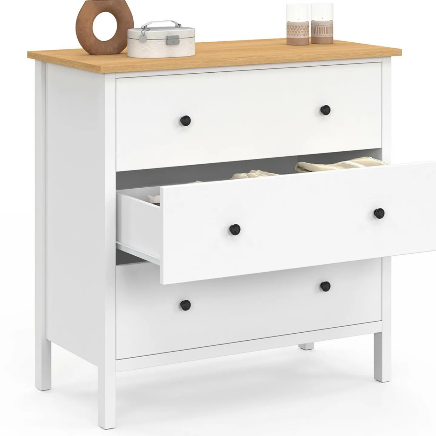 Commode 80 cm 3 tiroirs bois blanc plateau bois*IDMarket Hot