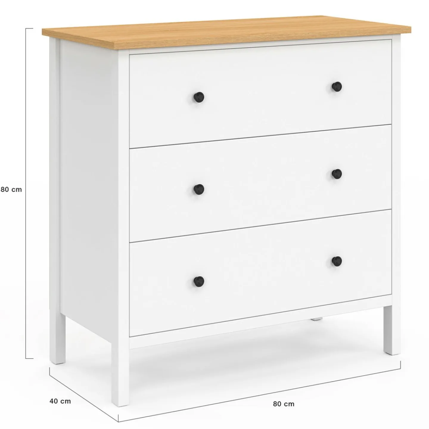 Commode 80 cm 3 tiroirs bois blanc plateau bois*IDMarket Hot