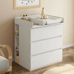 Commode à langer évolutive bois blanc 3 tiroirs et 2 étagères amovibles*IDMarket