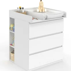Commode à langer évolutive bois blanc 3 tiroirs et 2 étagères amovibles*IDMarket