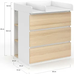 Commode à langer évolutive façon hêtre et blanc 3 tiroirs et 2 étagères*IDMarket New