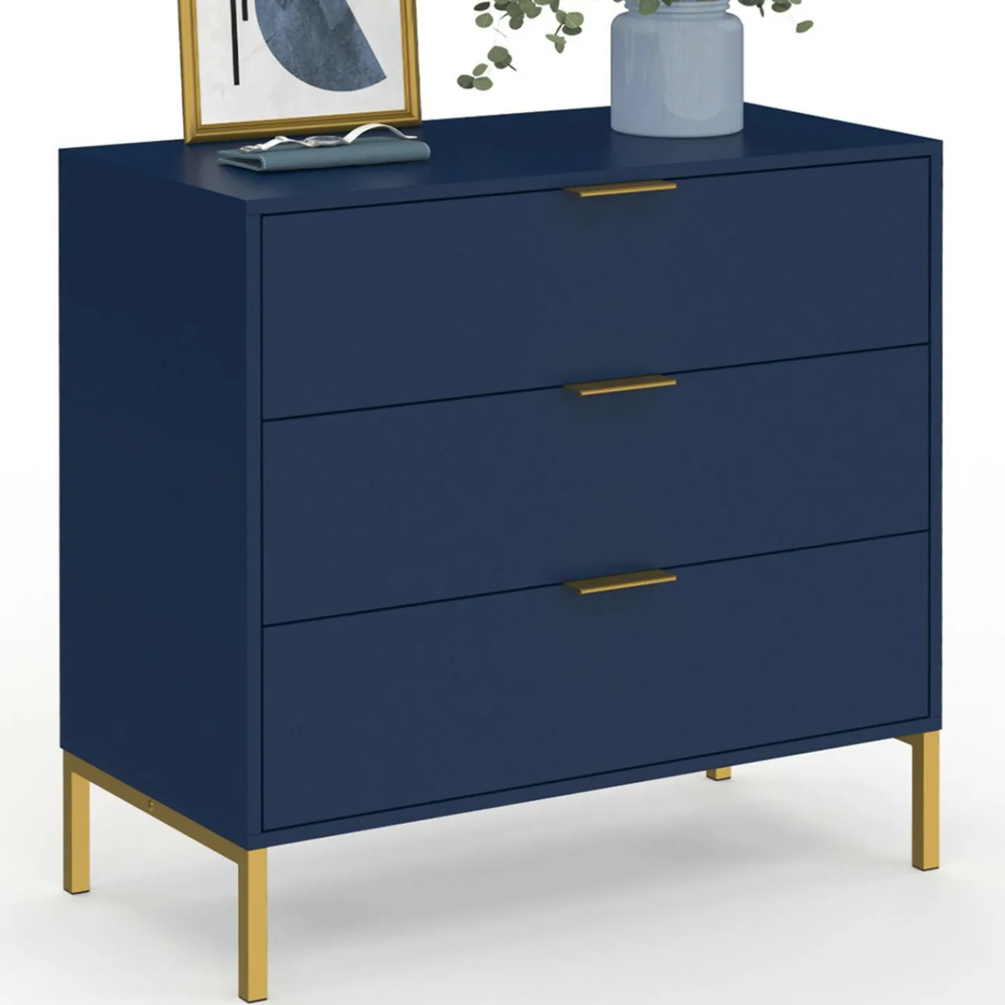 Commode 3 tiroirs 80 cm bleu nuit et finitions dorées*IDMarket Best