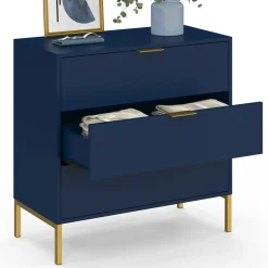Commode 3 tiroirs 80 cm bleu nuit et finitions dorées*IDMarket Best