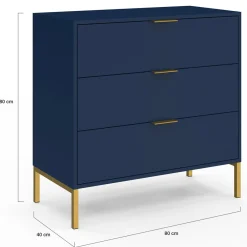 Commode 3 tiroirs 80 cm bleu nuit et finitions dorées*IDMarket Best
