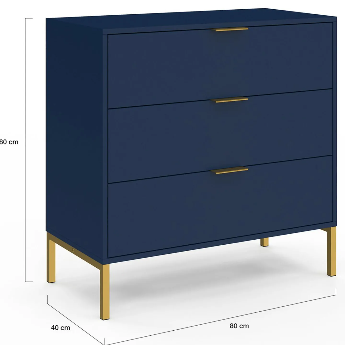 Commode 3 tiroirs 80 cm bleu nuit et finitions dorées*IDMarket Best