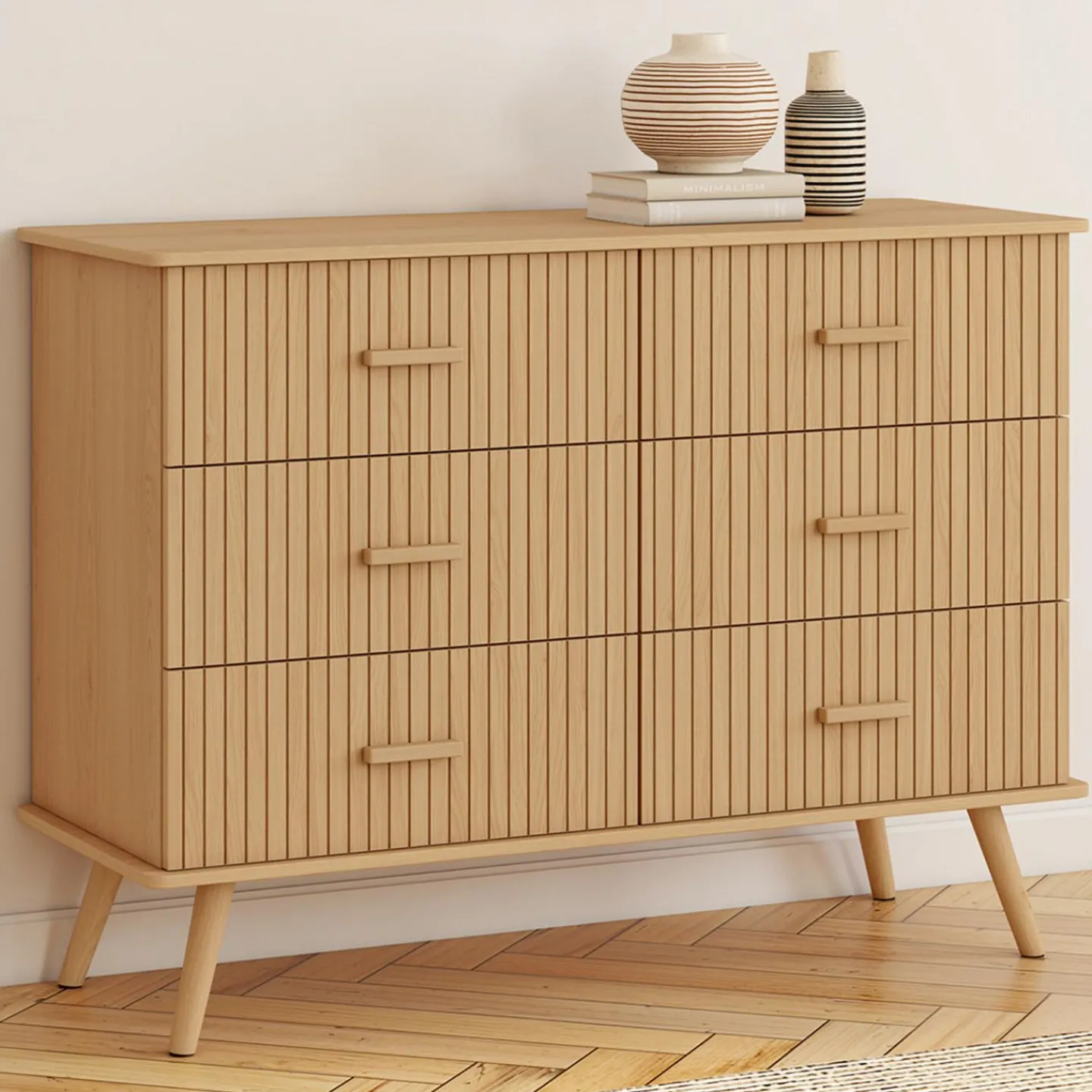 Commode 6 tiroirs 110 cm lattes tasseau bois coloris chêne*IDMarket Sale