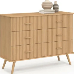 Commode 6 tiroirs 110 cm lattes tasseau bois coloris chêne*IDMarket Sale