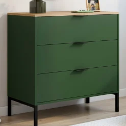 Commode 3 tiroirs 80 cm vert kaki et plateau bois*IDMarket Hot