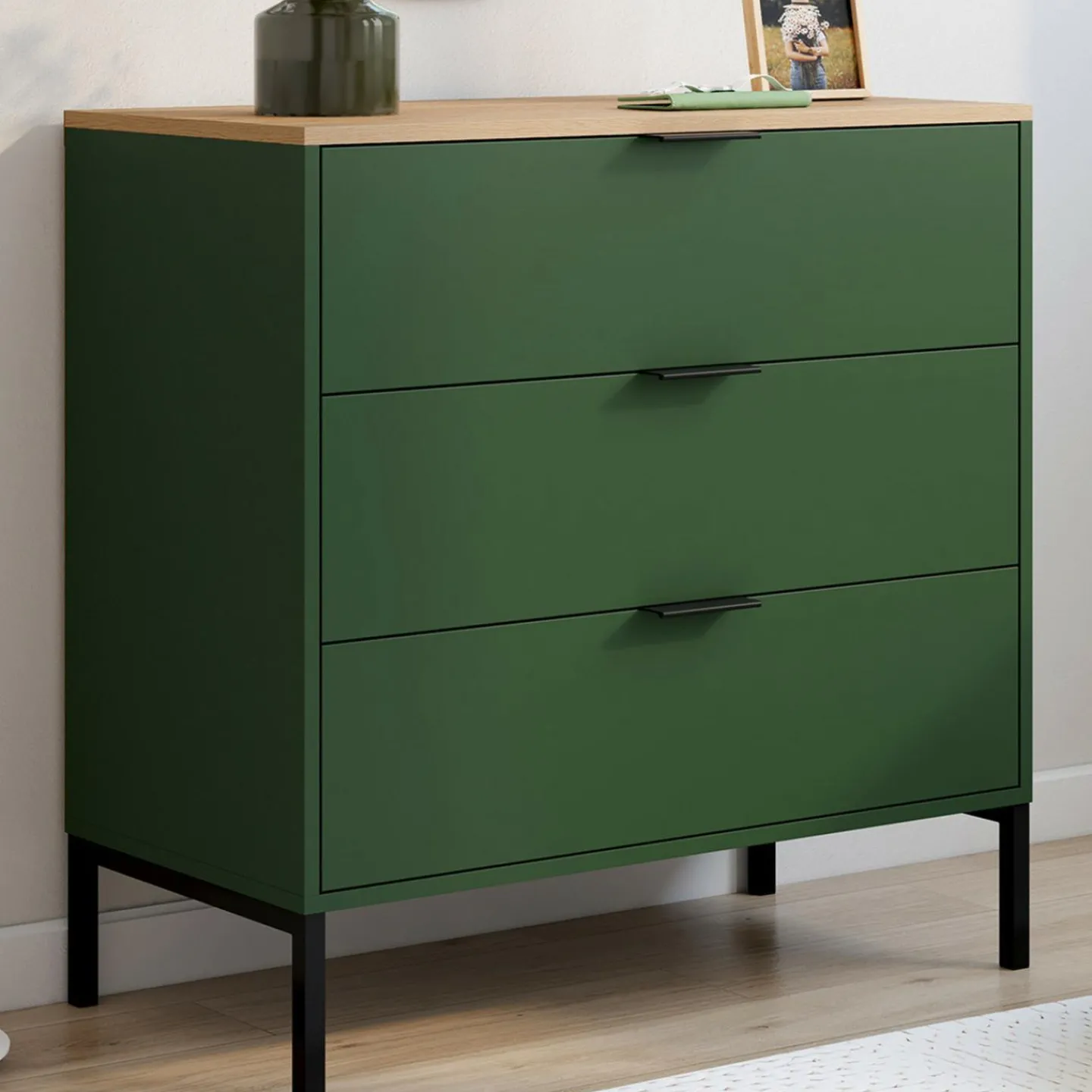 Commode 3 tiroirs 80 cm vert kaki et plateau bois*IDMarket Hot