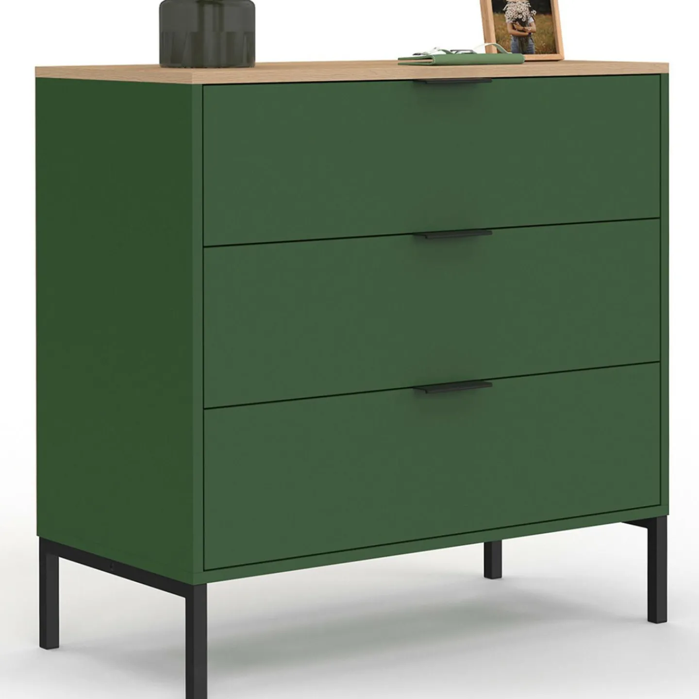 Commode 3 tiroirs 80 cm vert kaki et plateau bois*IDMarket Hot
