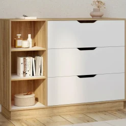 Commode 3 tiroirs 3 niches hêtre blanc*IDMarket Discount