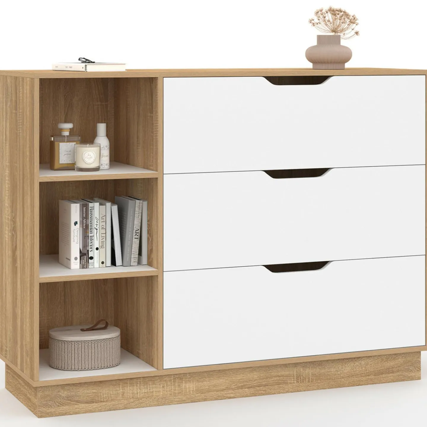Commode 3 tiroirs 3 niches hêtre blanc*IDMarket Discount