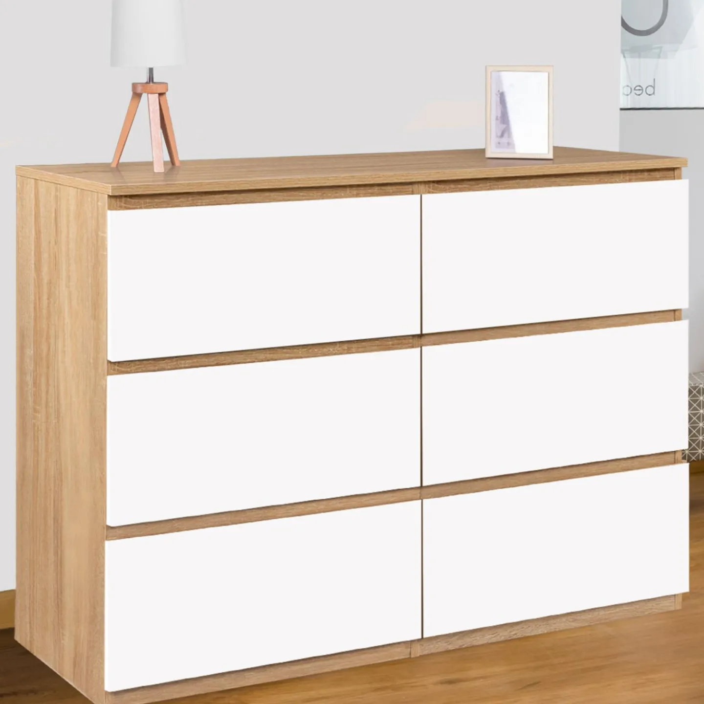 Commode 6 tiroirs blanche et bois façon hêtre*IDMarket Sale