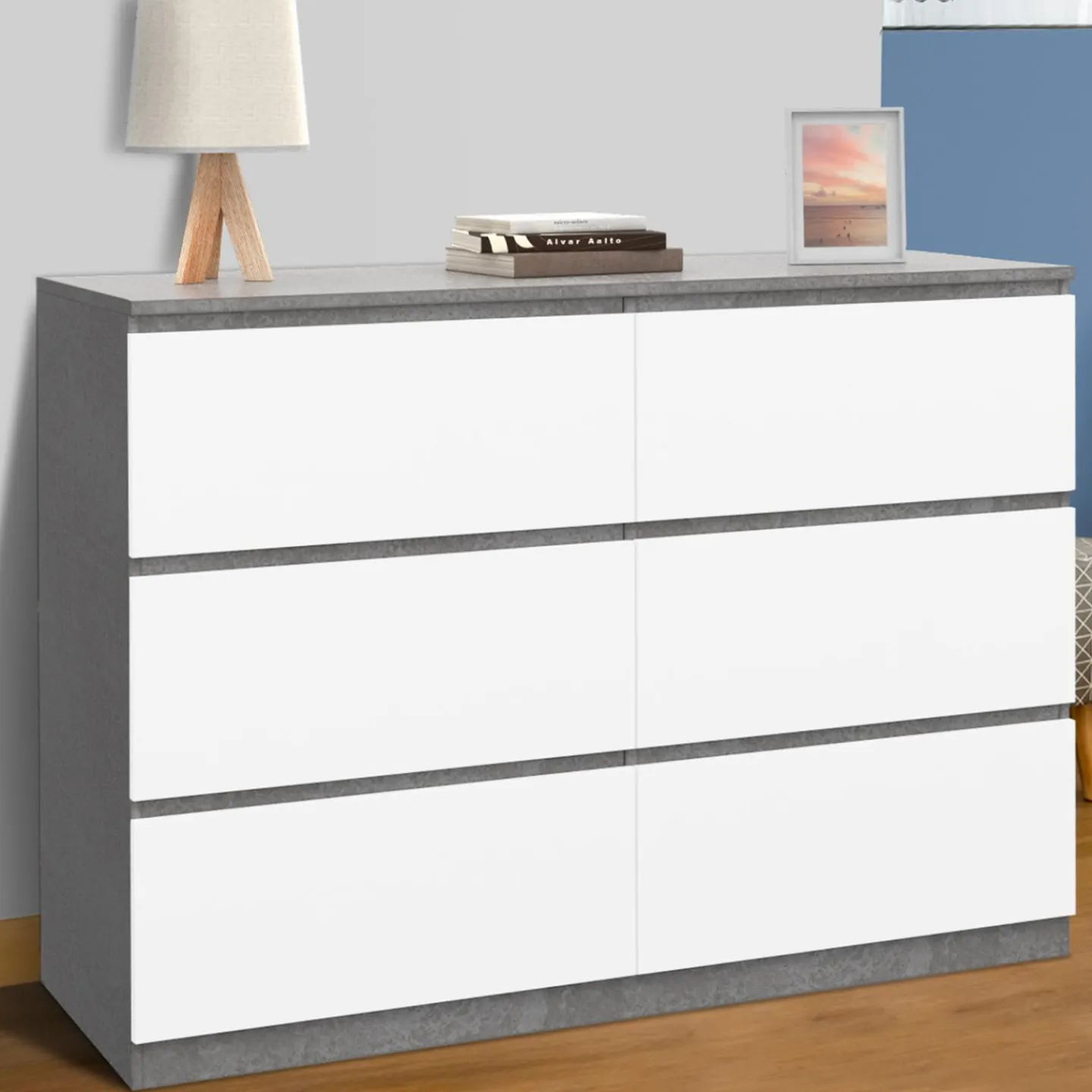 Commode 6 tiroirs blanche effet béton*IDMarket Online