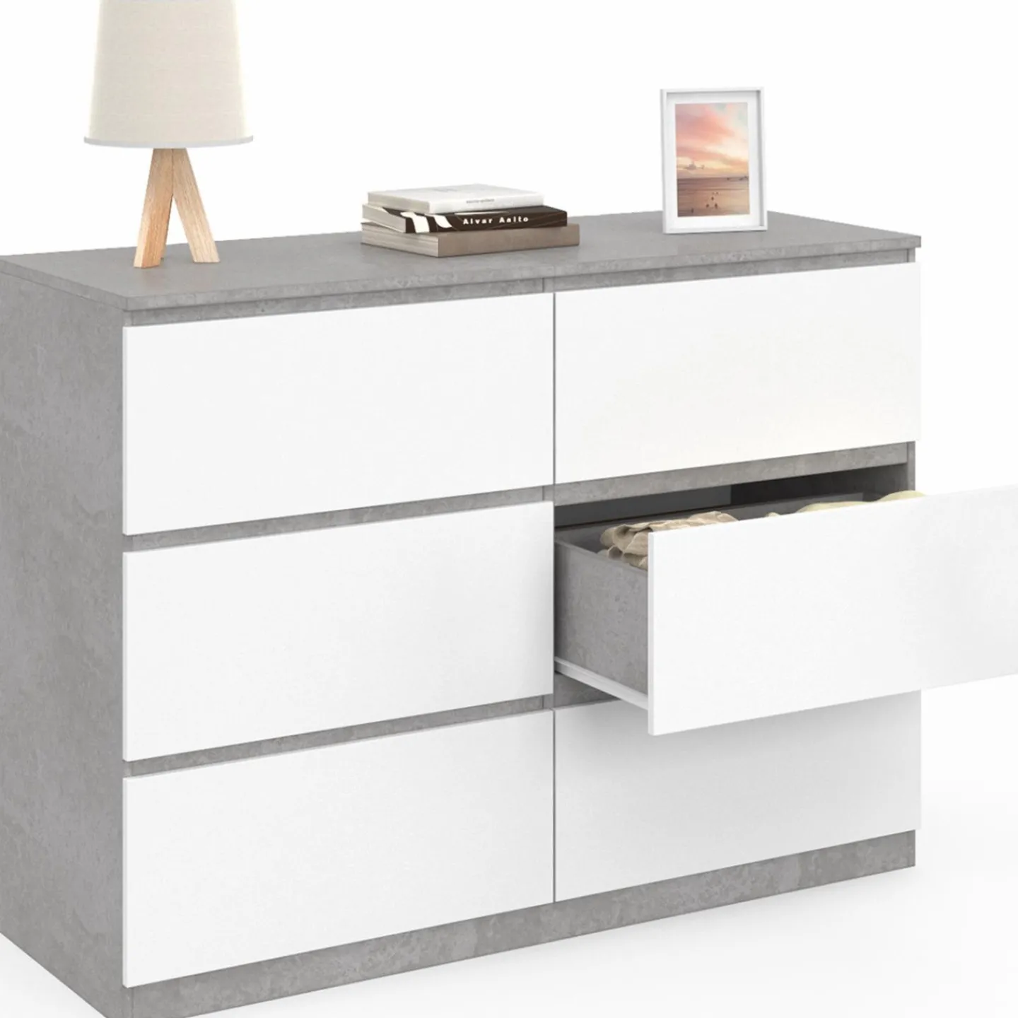 Commode 6 tiroirs blanche effet béton*IDMarket Online