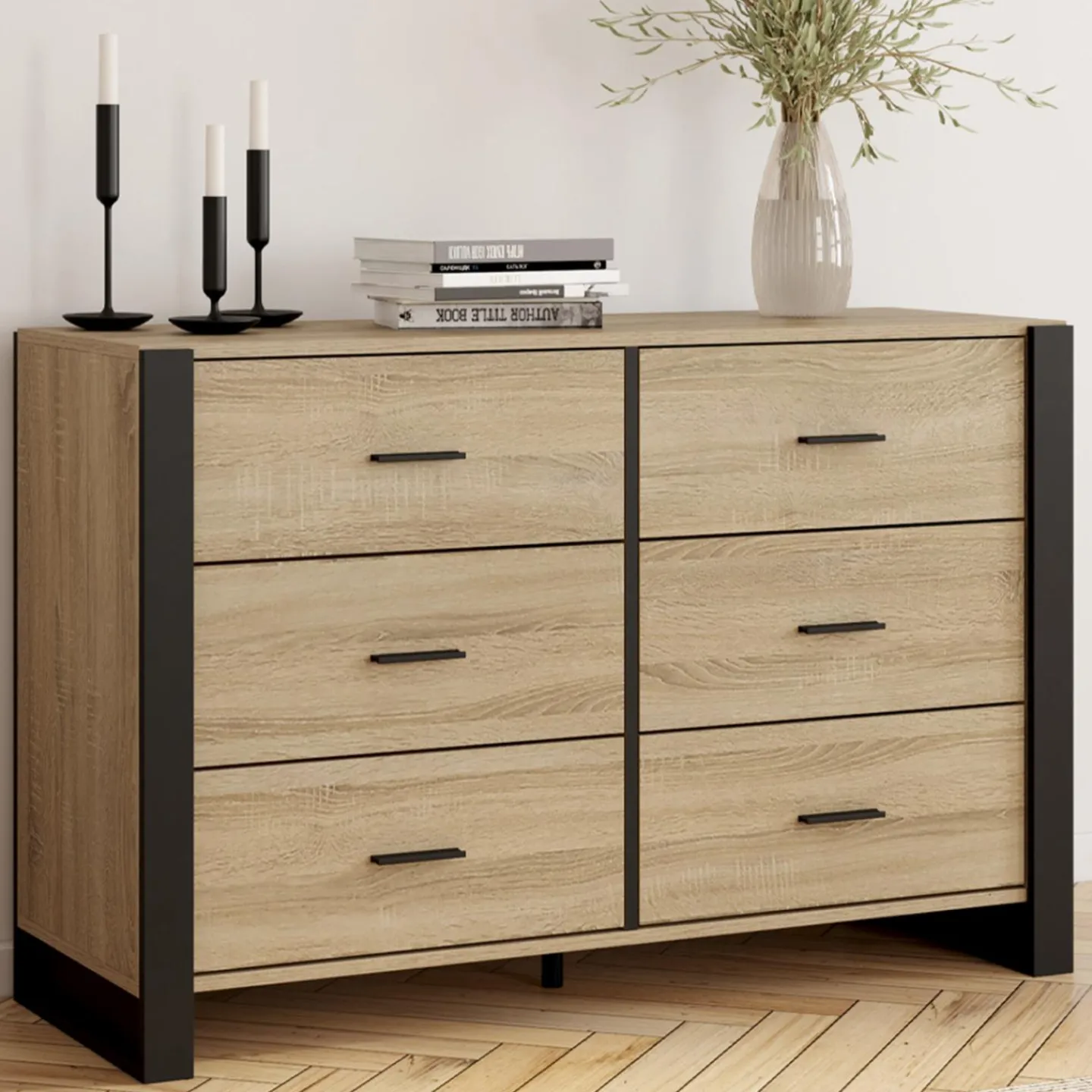 Commode 6 tiroirs bois et noir*IDMarket Discount