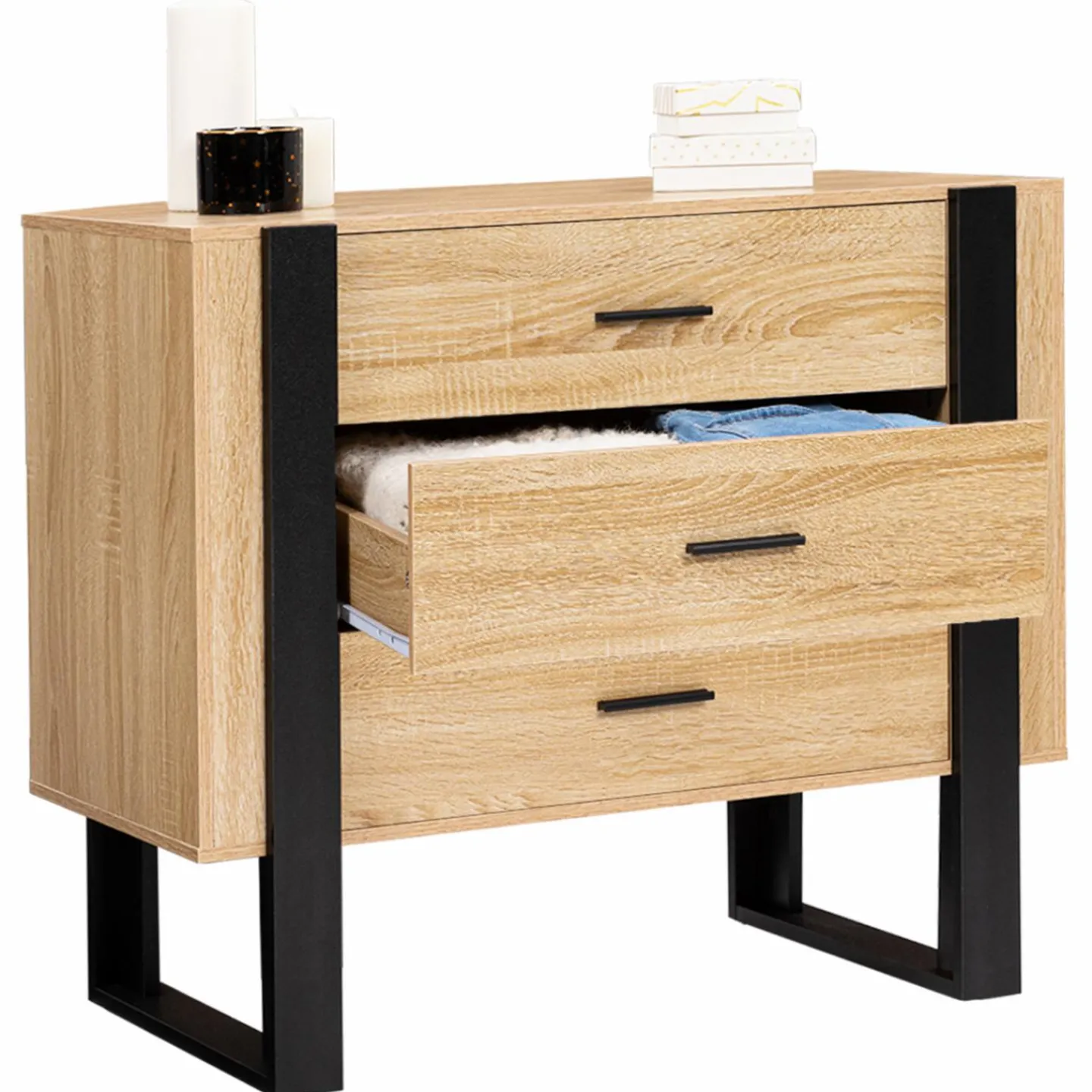 Commode 3 tiroirs design bois et pieds noir*IDMarket