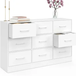 Commode 9 tiroirs en tissu 113 cm meuble de rangement bois blanc*IDMarket Clearance