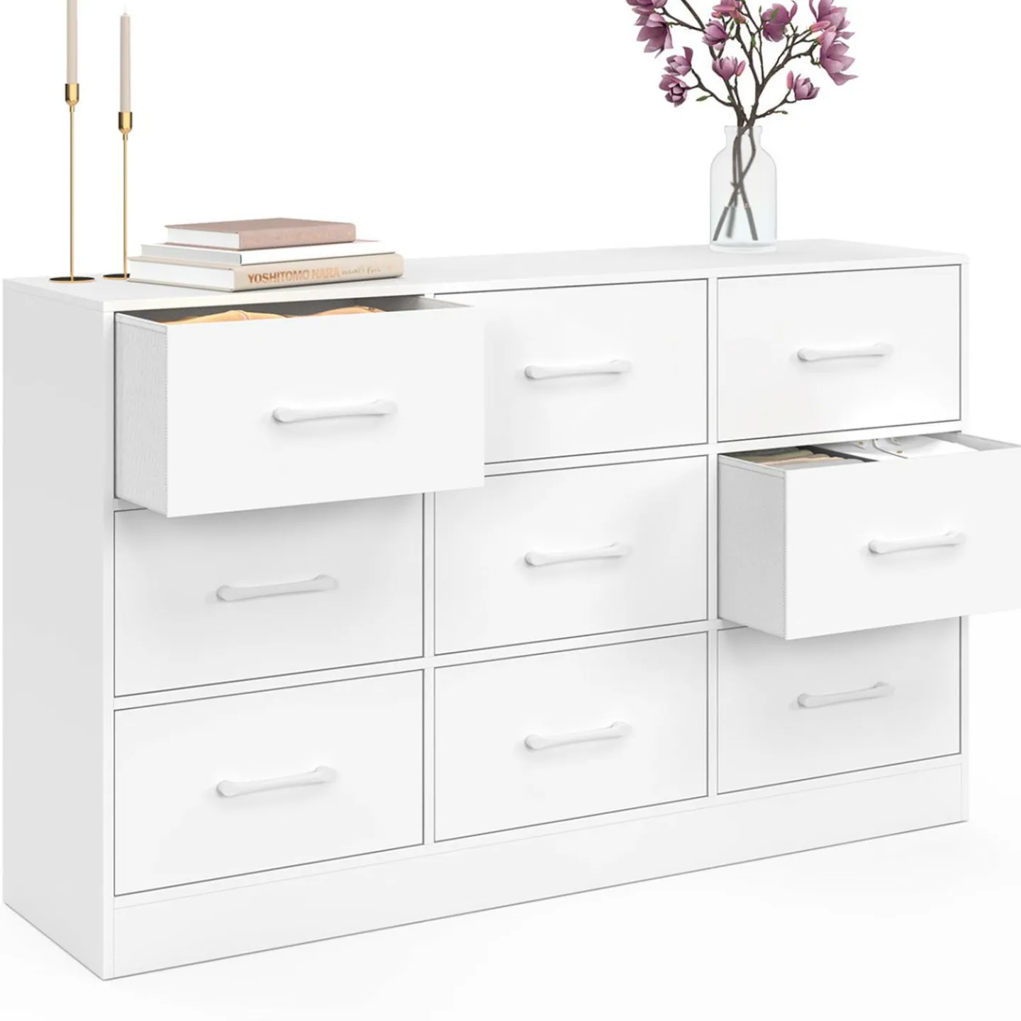 Commode 9 tiroirs en tissu 113 cm meuble de rangement bois blanc*IDMarket Clearance