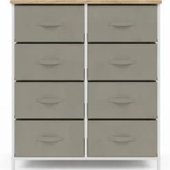 Commode 8 tiroirs en tissu gris clair et plateau effet bois*IDMarket New